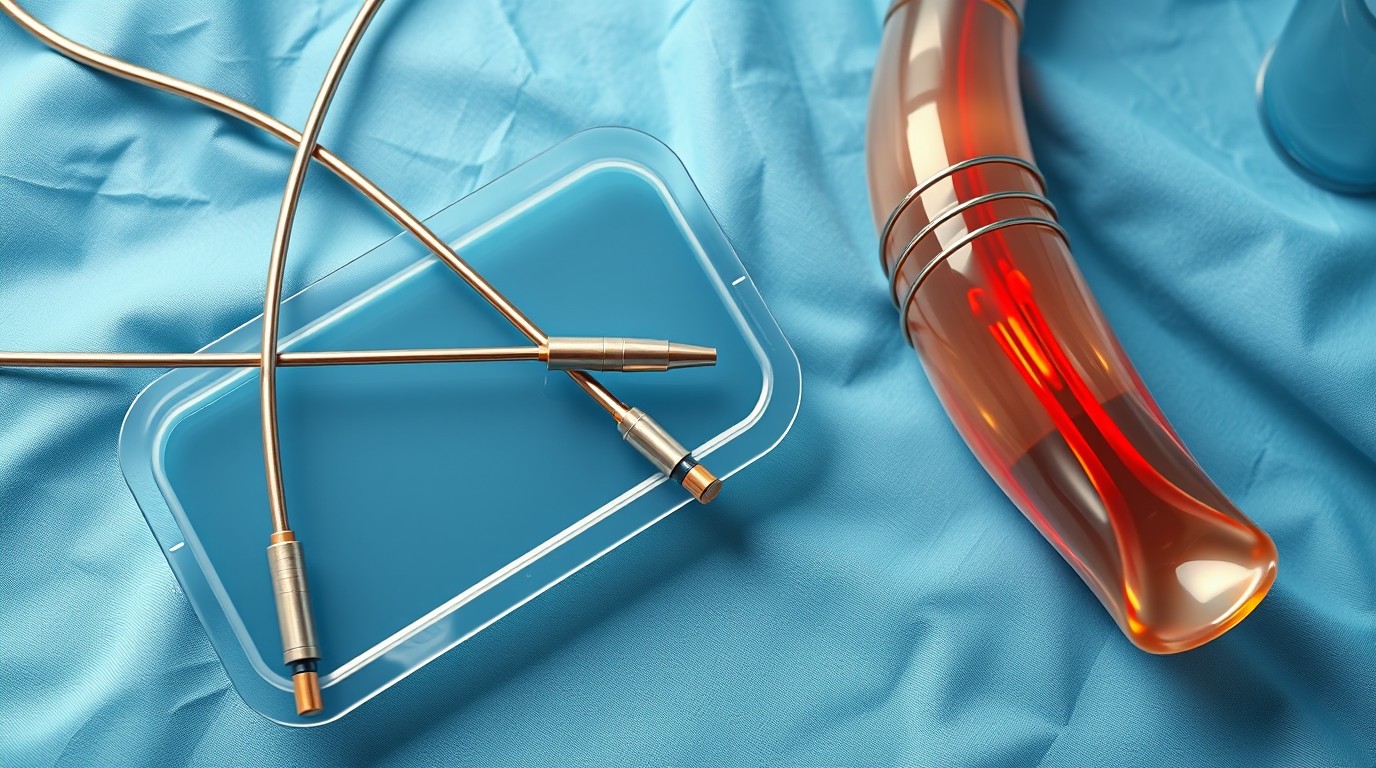 Instrumental de cateterismo junto a un modelo de arteria para estudio sobre balón recubierto de fármaco