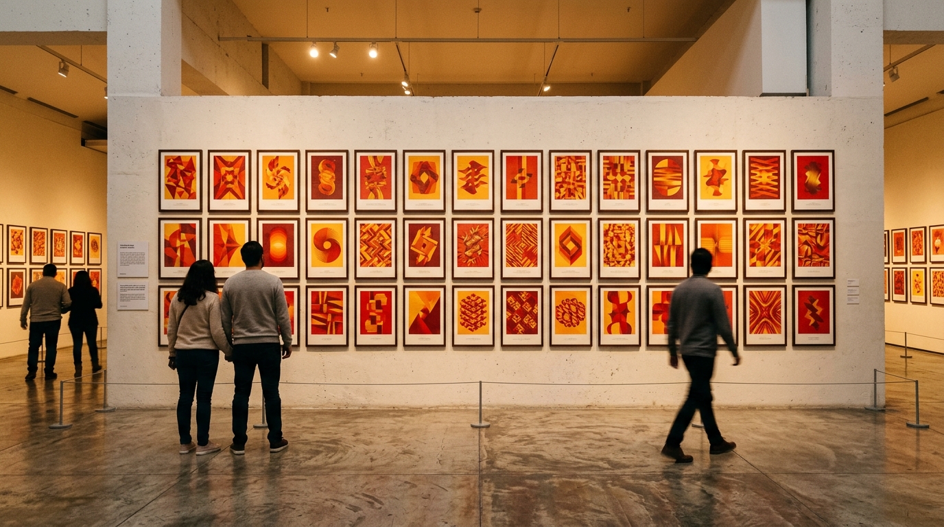Carteles de la Bienal Internacional del Cartel colgados en una sala de exposición iluminada