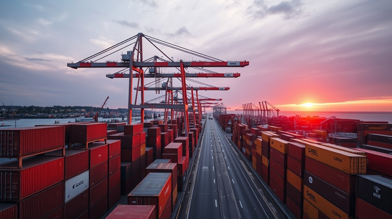 Contenedores de carga apilados en puerto mexicano al amanecer con exportaciones de México 2026